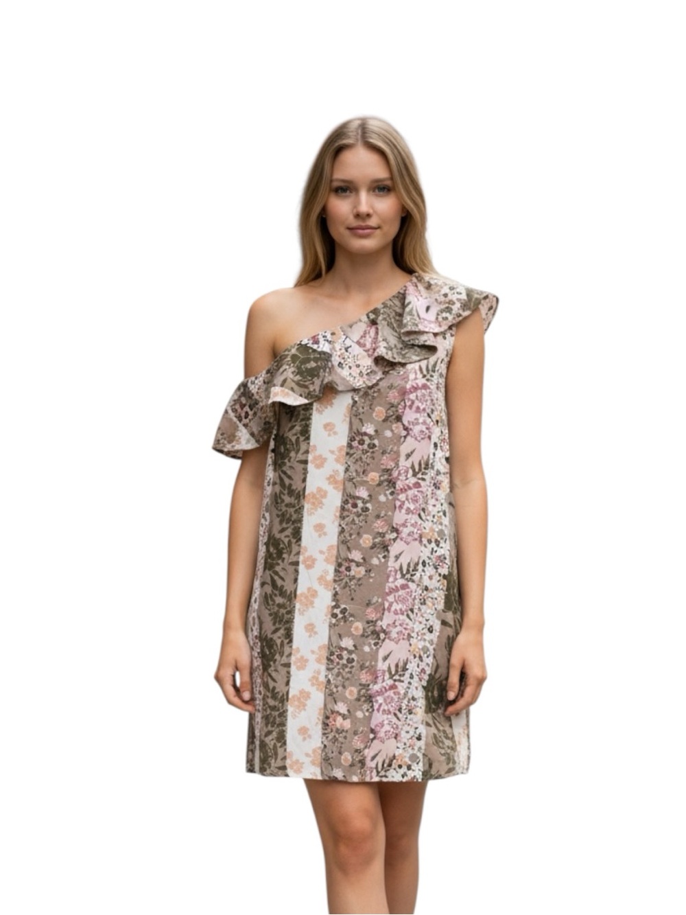 ANDREE BY UNIT One-Shoulder Floral Stripe Shift Dress Pink and Olive NWT Size S